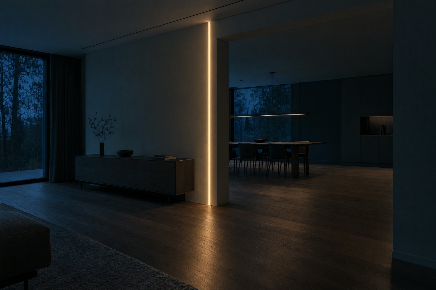Fertig ausgebauter Raum mit Trockenbauwand, Lichtfuge an der Wandkante und durchlaufendem Holzboden