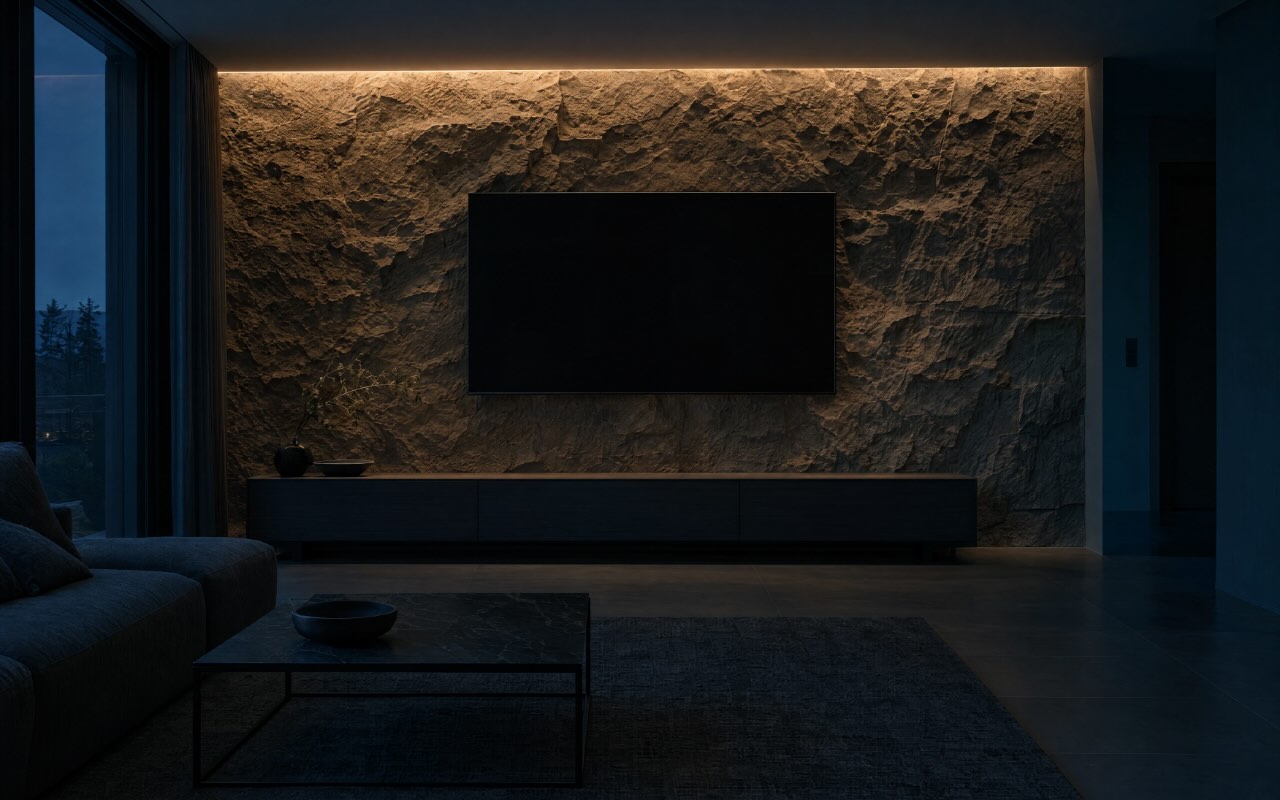 Felswand hinter dem Fernseher im Wohnzimmer, von oben streifend beleuchtet