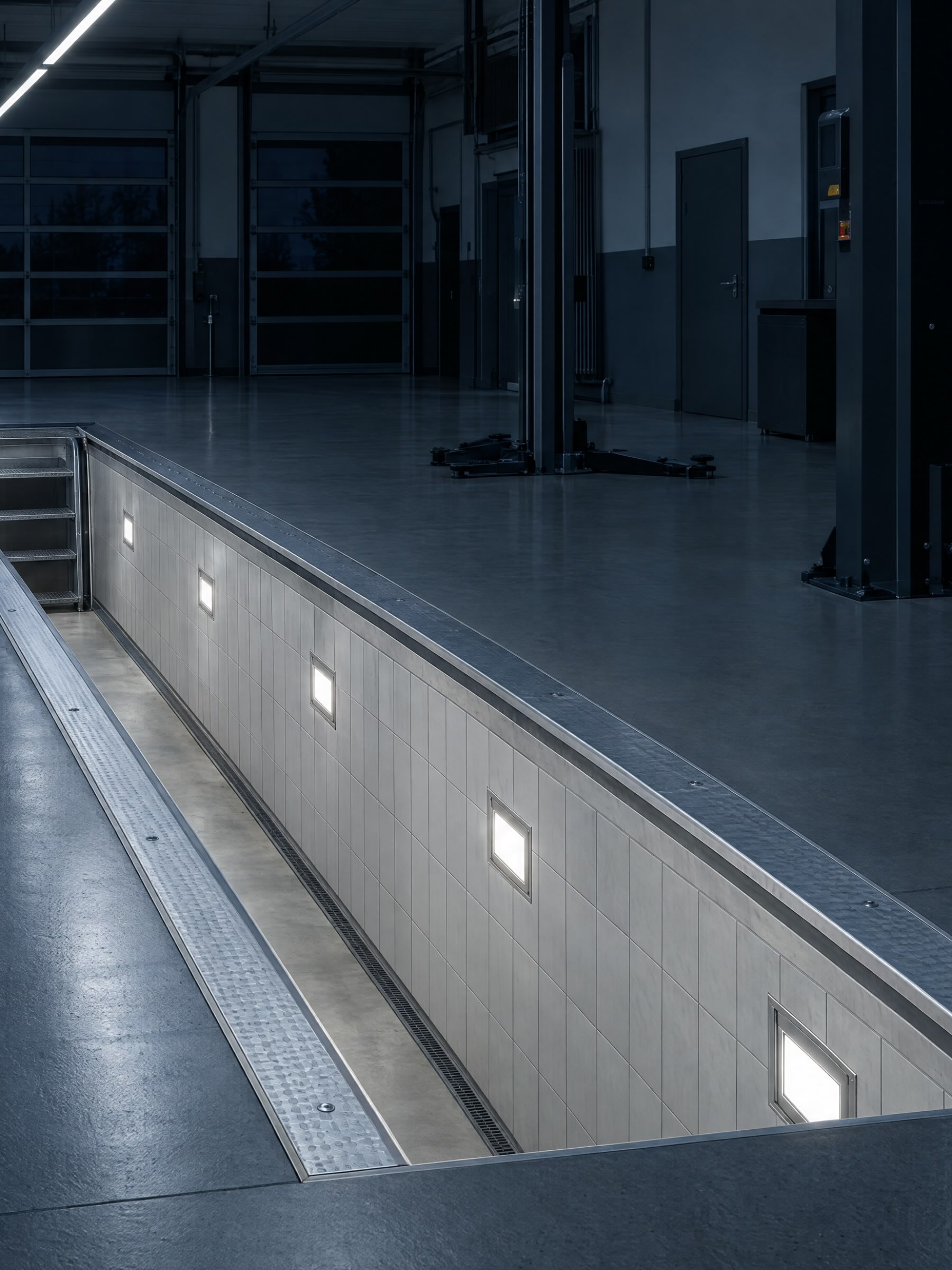 Offene Arbeitsgrube in einer Werkstatt, von Einbauleuchten in den Grubenwänden ausgeleuchtet