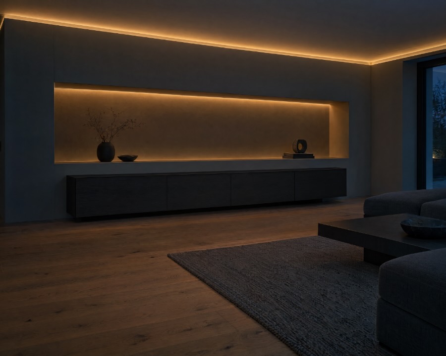 Fertig ausgebauter Wohnraum mit beleuchteter Wandnische, Lichtvoute an der Decke und durchlaufendem Eichenboden
