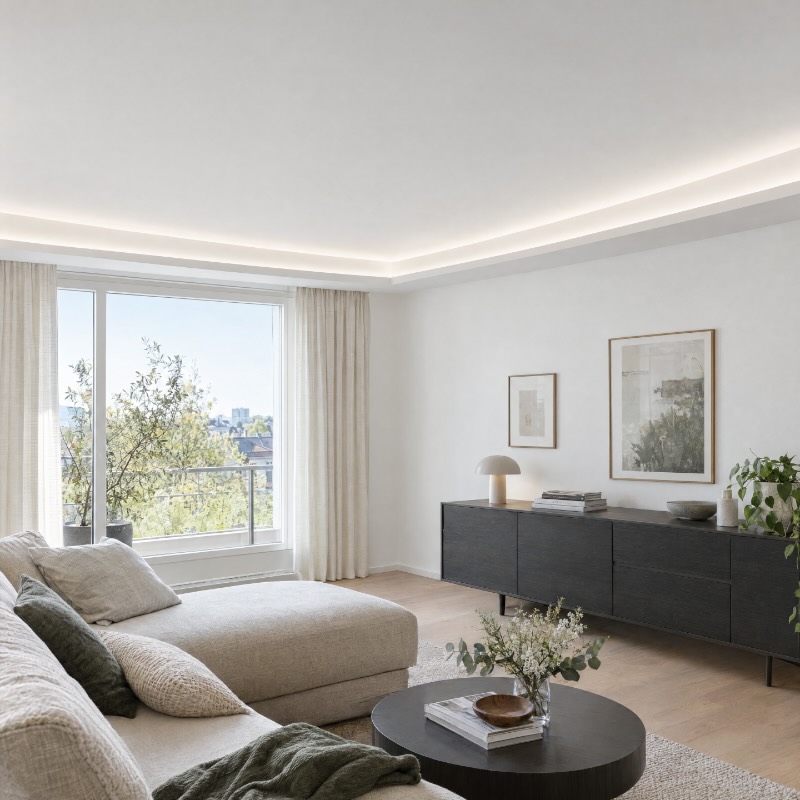 Wohnraum mit umlaufender indirekter Deckenbeleuchtung, die das Licht über die ganze Decke verteilt